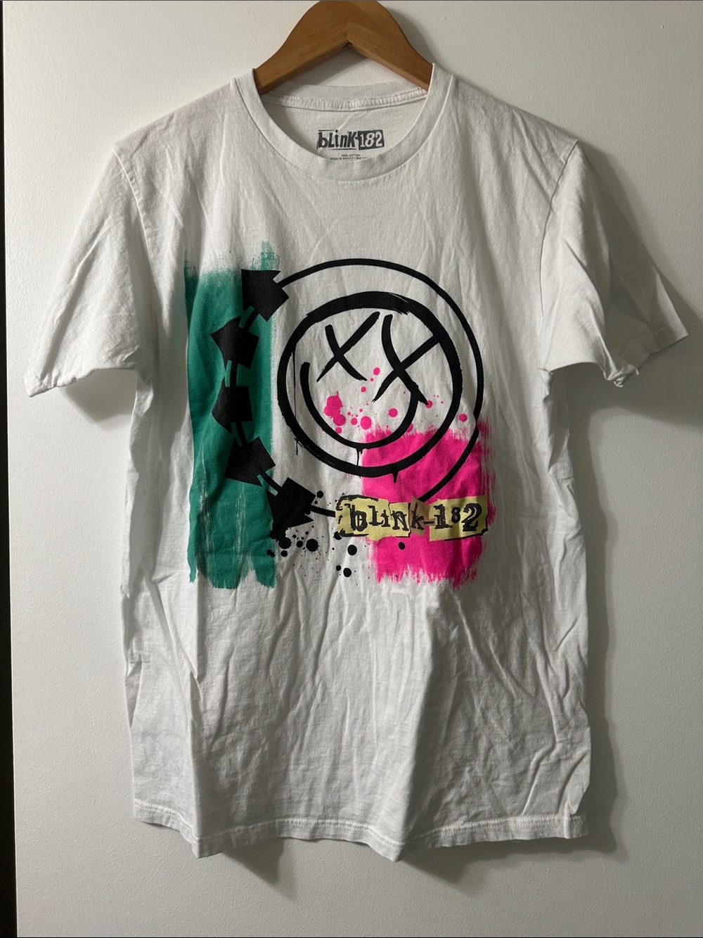 Blink-182 Graphic Band Tee with Teal & Hot Pink Splashes